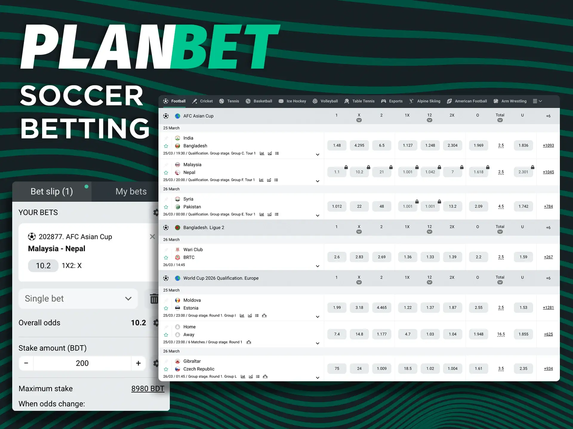 Bet on a team or score and hope to win with Planbet.